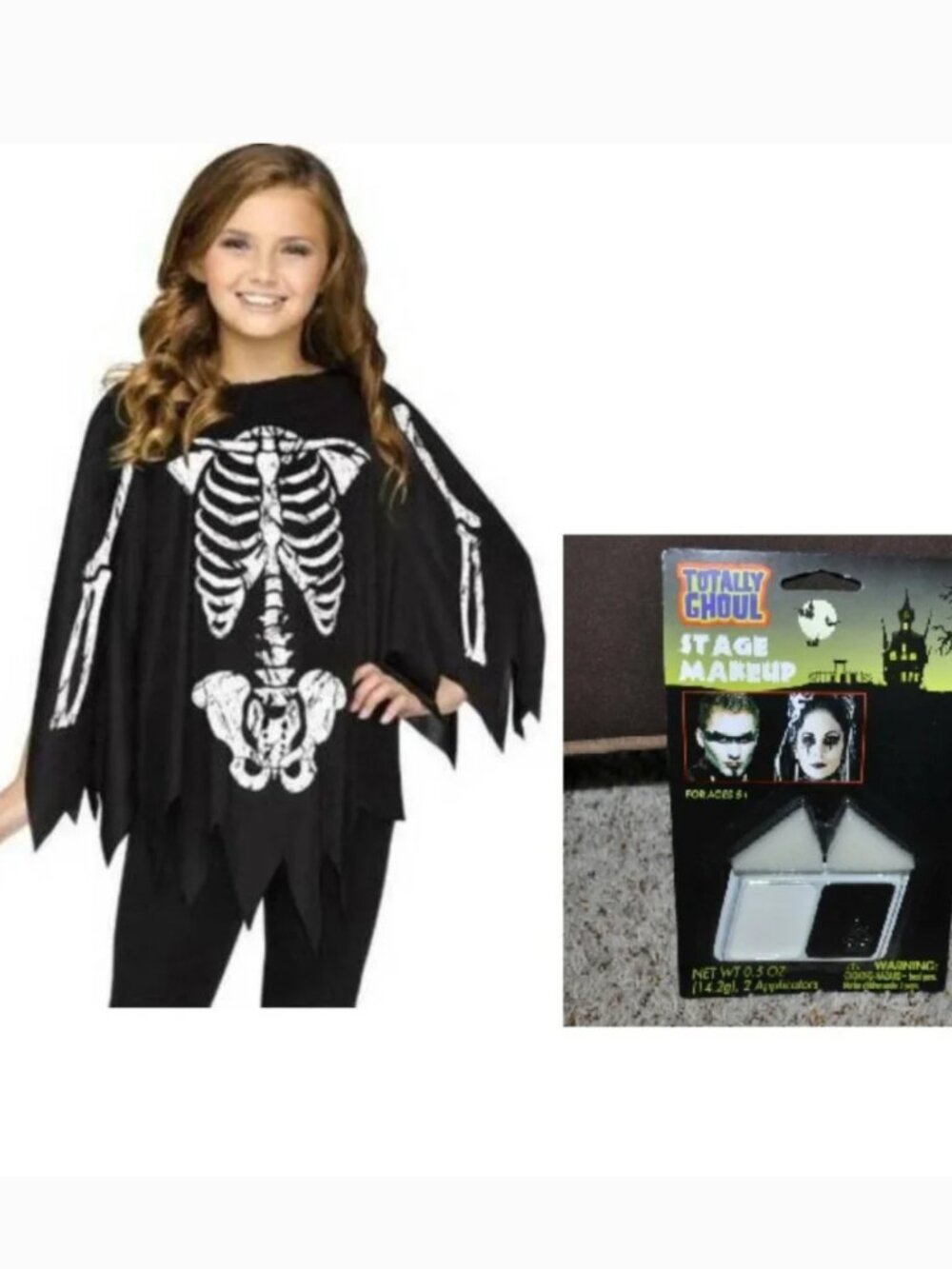 Skeleton Poncho & Makeup Halloween Costume Black White 2 Pc Set Girls One Size